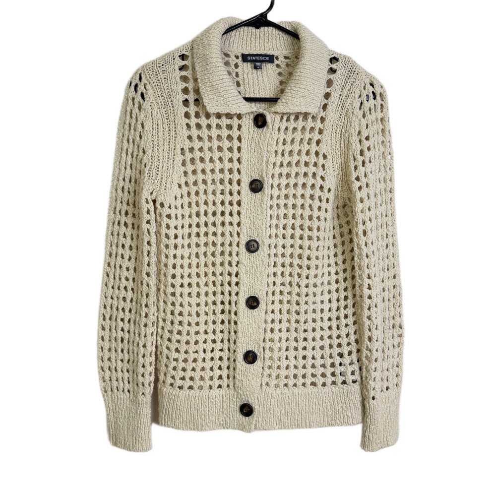 Stateside Cardigan Sweater Womens XS Beige Button Up Open Knit Crochet NWOT